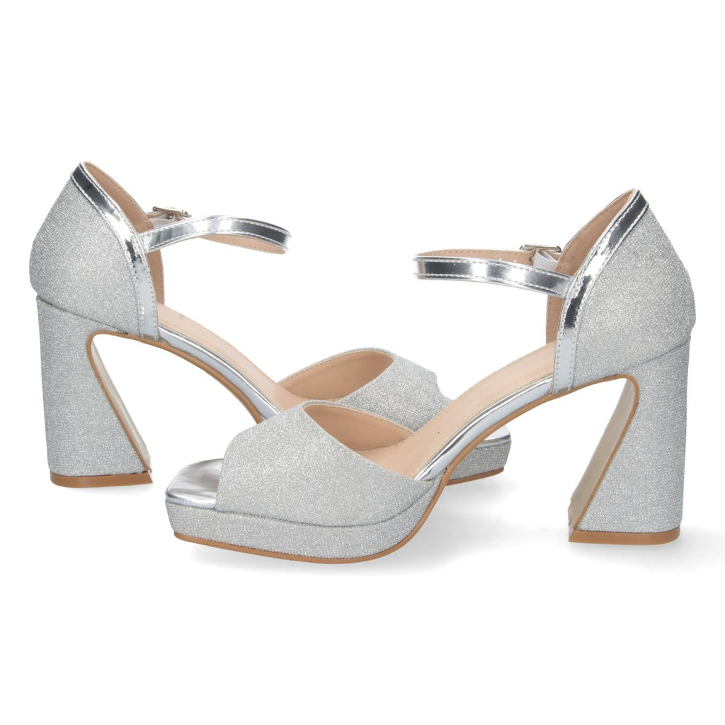 Sandalias Plateadas Mujer Tacón Estampado Brillante Eventos