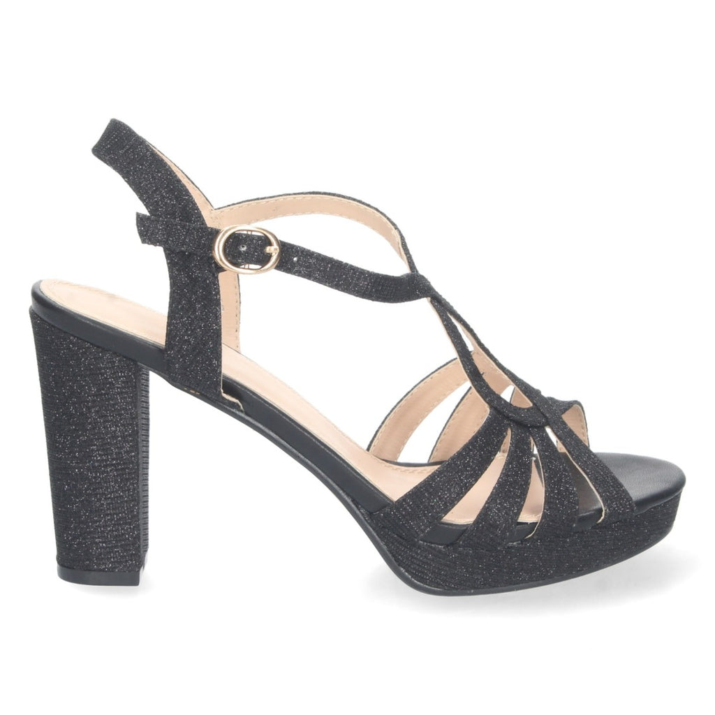 Sandalias Negras Mujer Tacón Pala T Estampado Brillante