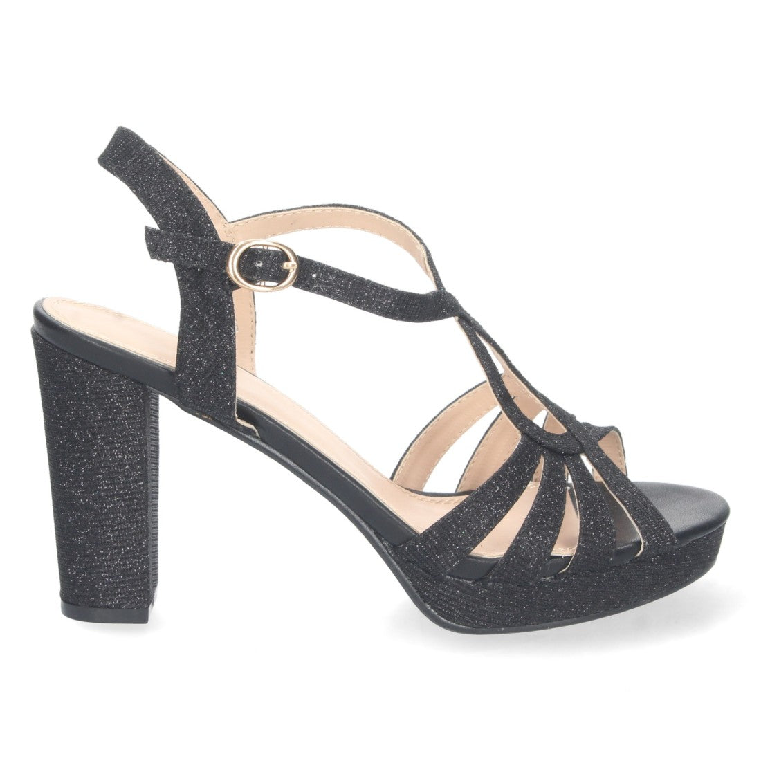 Sandalias Negras Mujer Tacón Pala T Estampado Brillante