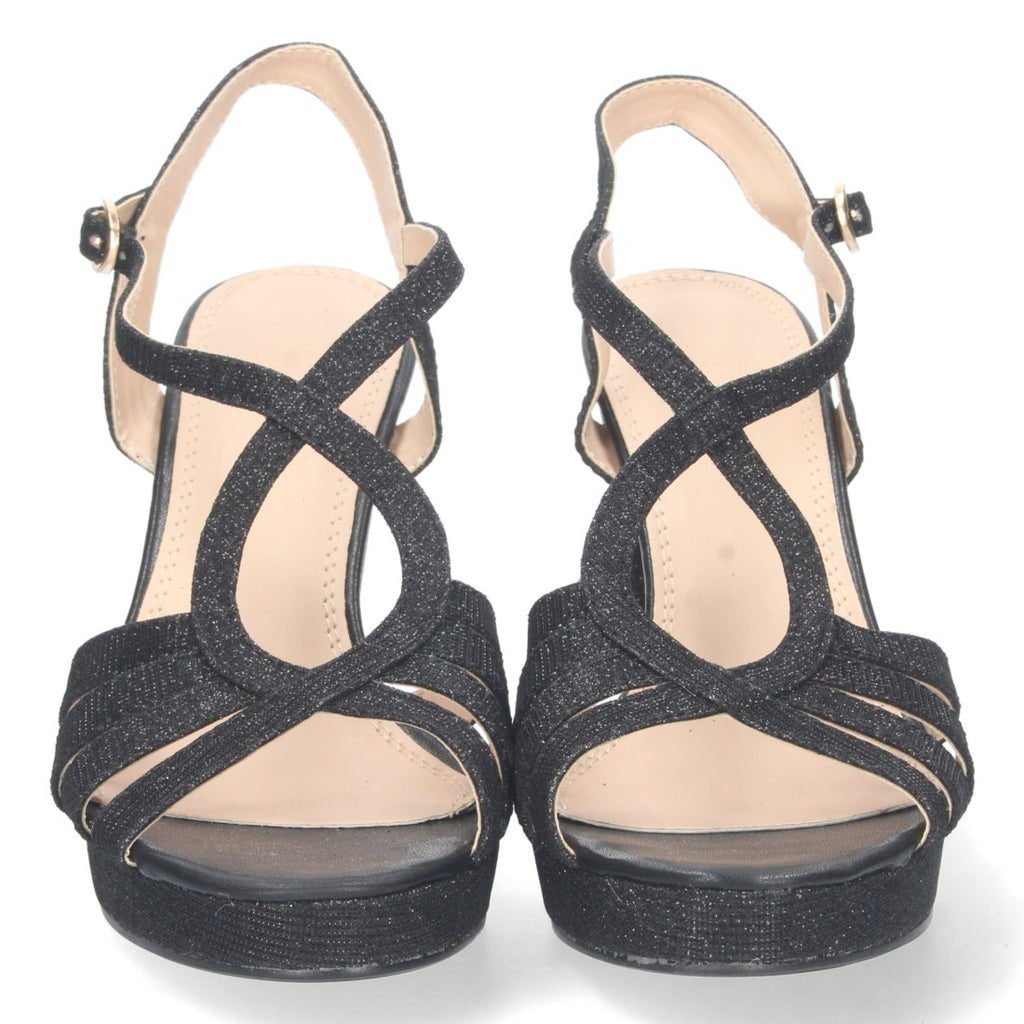 Sandalias Negras Mujer Tacón Pala T Estampado Brillante