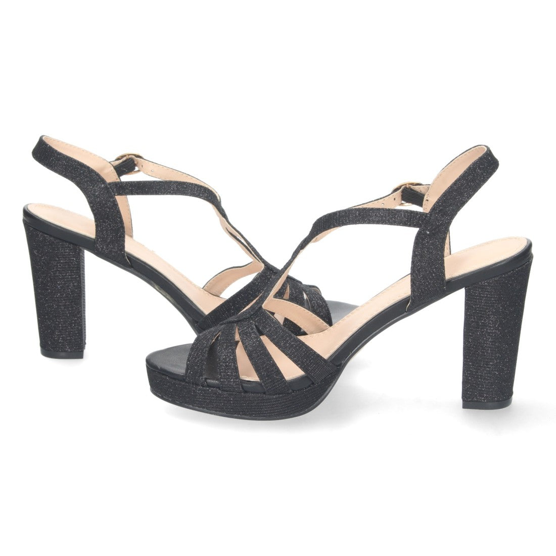Sandalias Negras Mujer Tacón Pala T Estampado Brillante