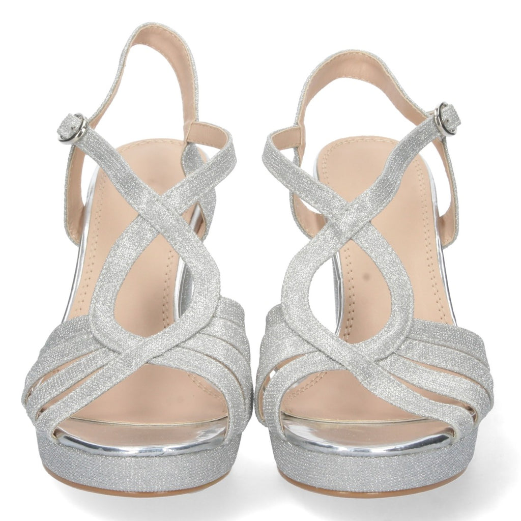Sandalias Plateadas Mujer Tacón Pala T Estampado Brillante