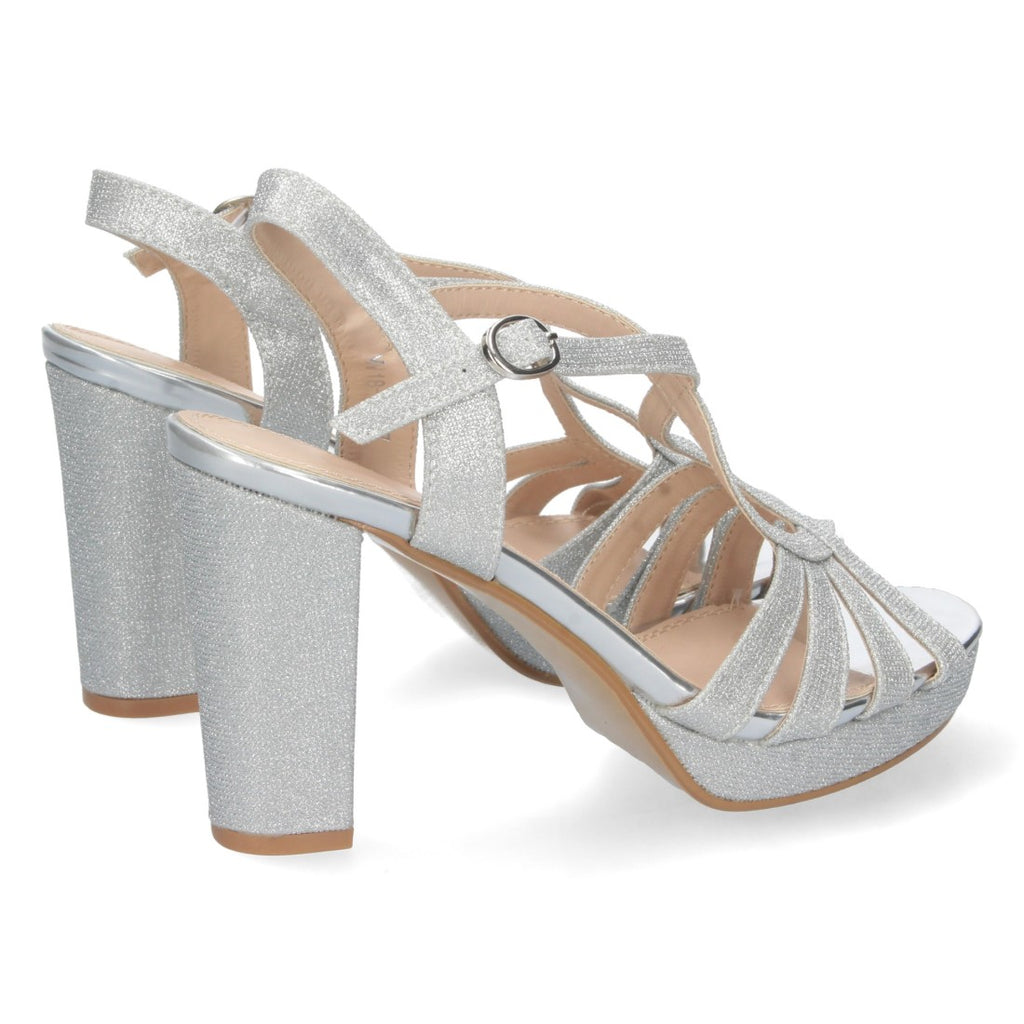 Sandalias Plateadas Mujer Tacón Pala T Estampado Brillante