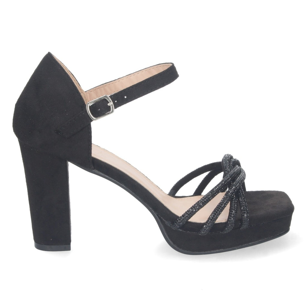 Schwarze Sandalen mit Riemchenabsatz, Ristriemchen und Schnalle, bequem, für Partys