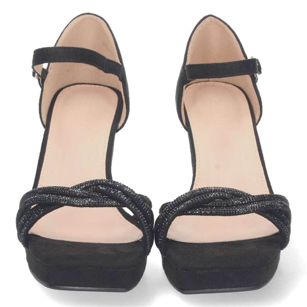 Schwarze Sandalen mit Riemchenabsatz, Ristriemchen und Schnalle, bequem, für Partys