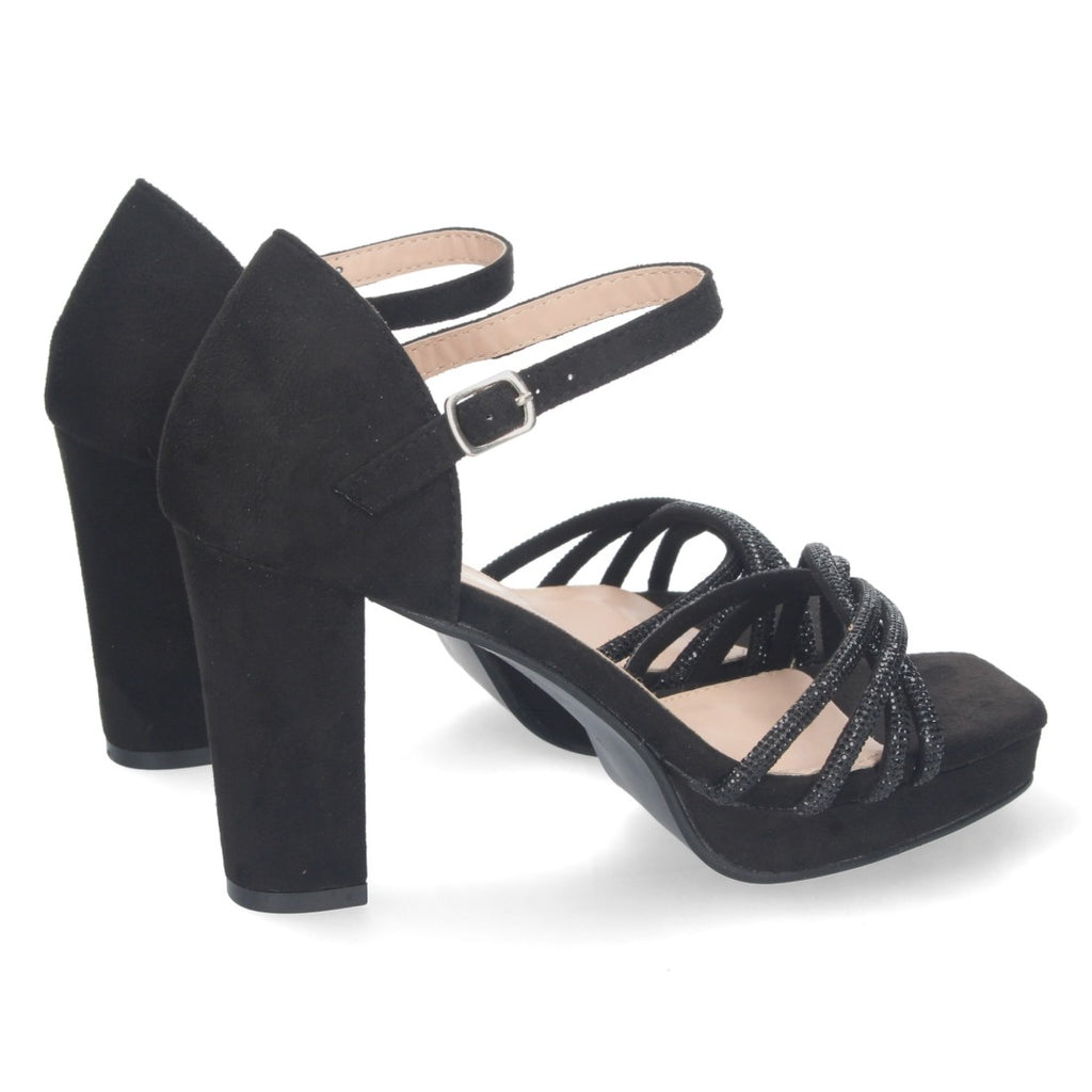 Schwarze Sandalen mit Riemchenabsatz, Ristriemchen und Schnalle, bequem, für Partys