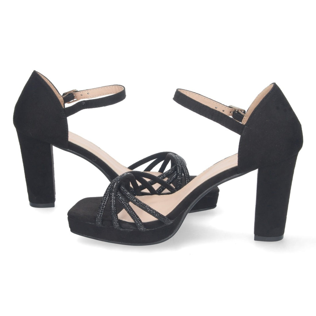 Schwarze Sandalen mit Riemchenabsatz, Ristriemchen und Schnalle, bequem, für Partys