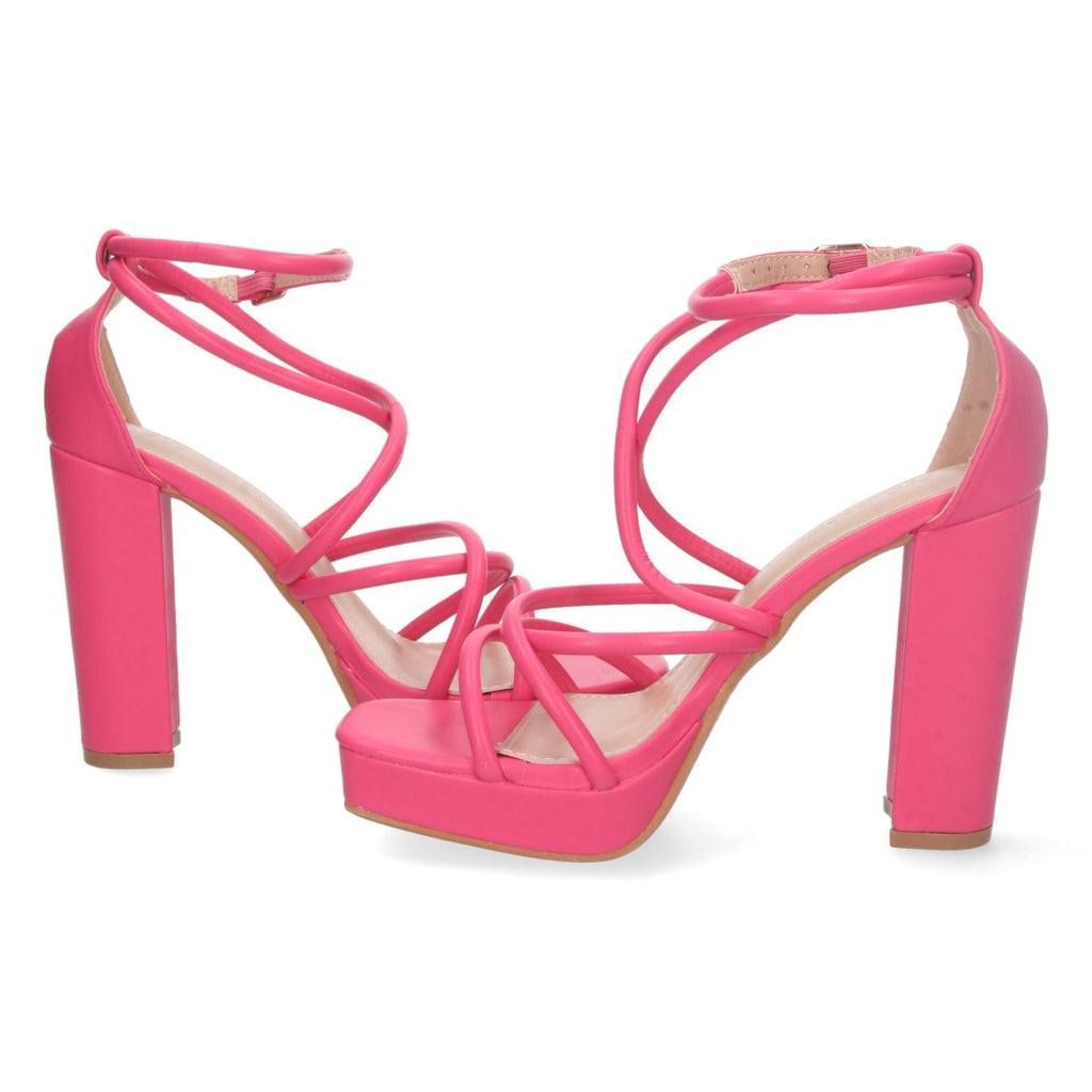 Sandalias Fucsia Tacón Mujer Tiras Empeine Hebilla Cómodas Fiesta