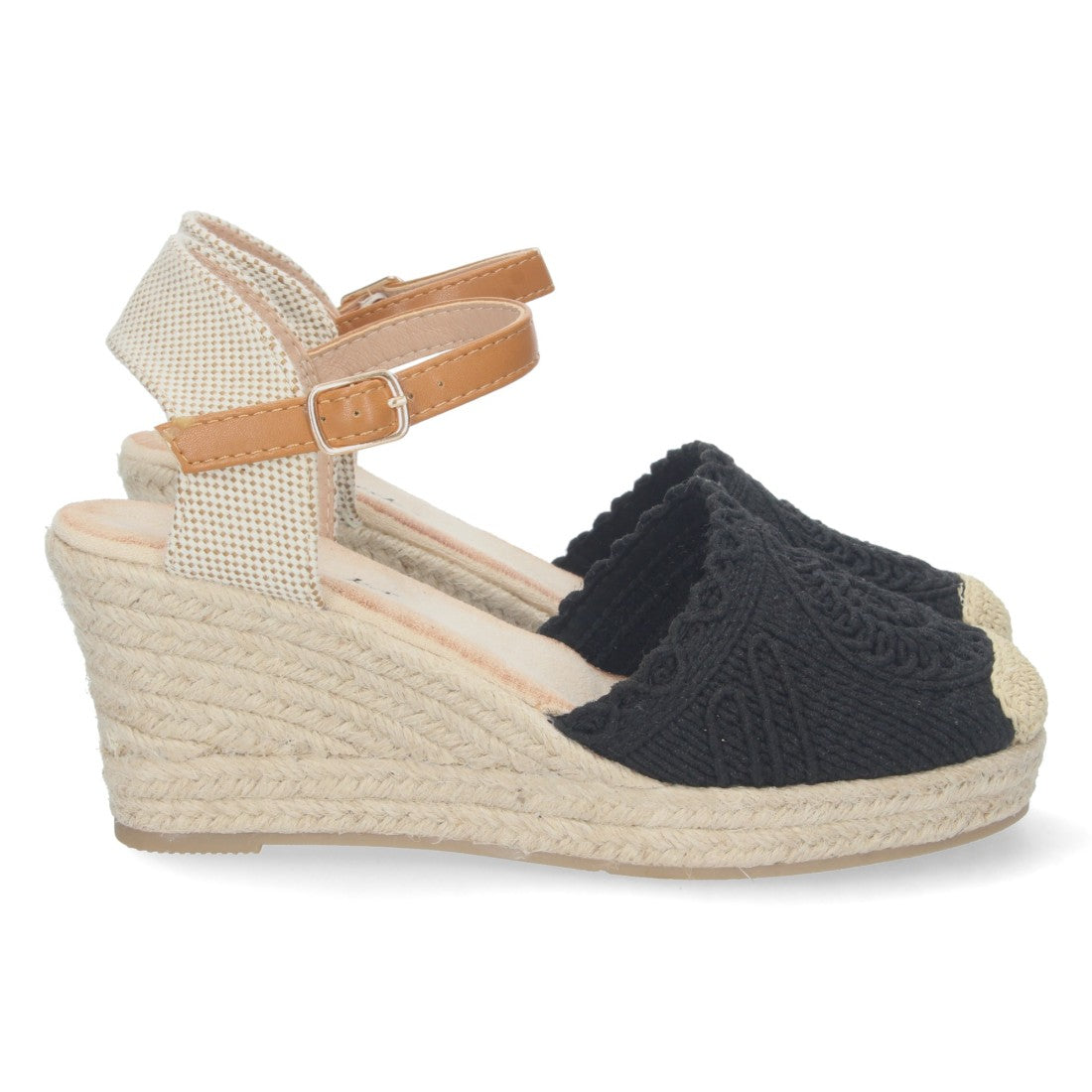 Sandalias Negras Mujer Cuña Estilo Valenciana Yute Pala Bordada Elegantes