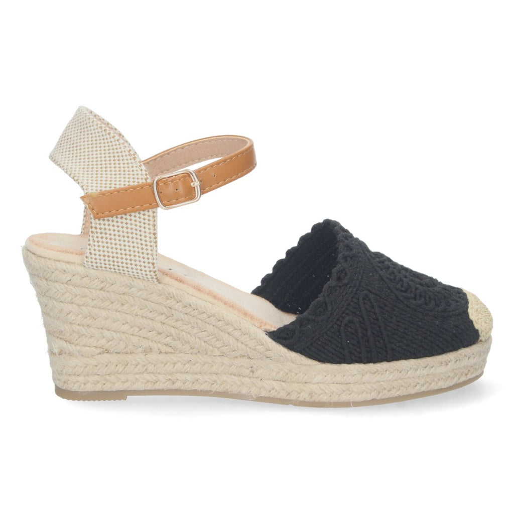 Sandalias Negras Mujer Cuña Estilo Valenciana Yute Pala Bordada Elegantes