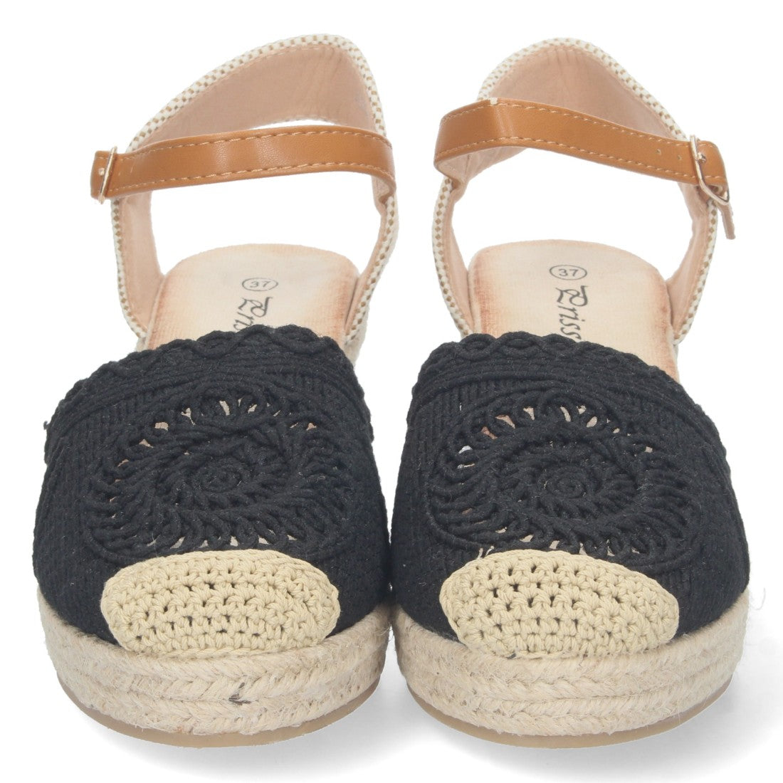 Sandalias Negras Mujer Cuña Estilo Valenciana Yute Pala Bordada Elegantes