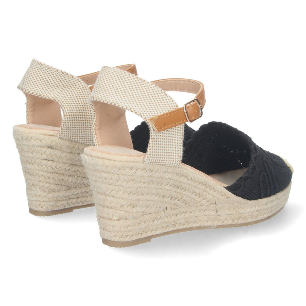 Sandalias Negras Mujer Cuña Estilo Valenciana Yute Pala Bordada Elegantes