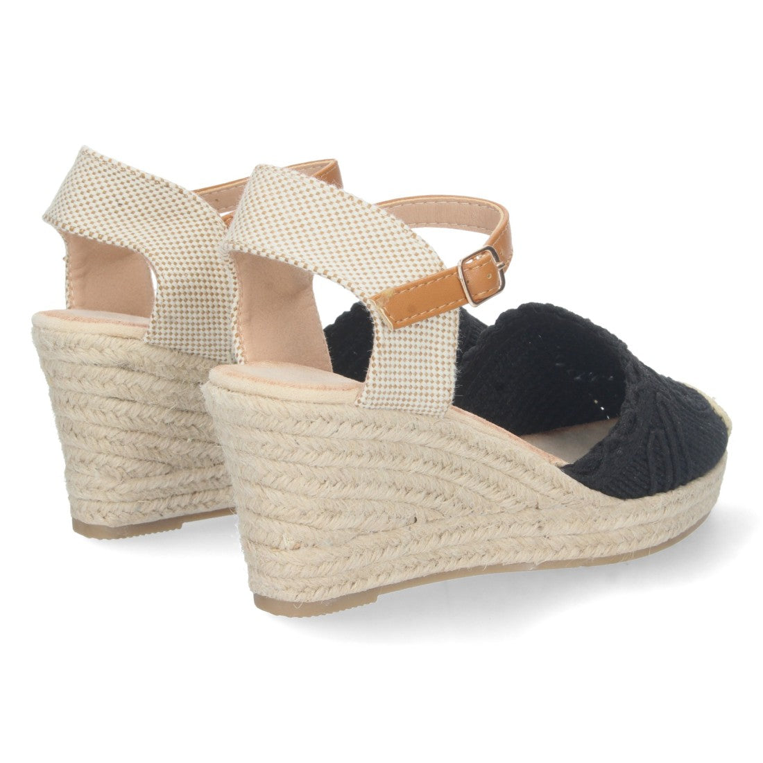 Sandalias Negras Mujer Cuña Estilo Valenciana Yute Pala Bordada Elegantes