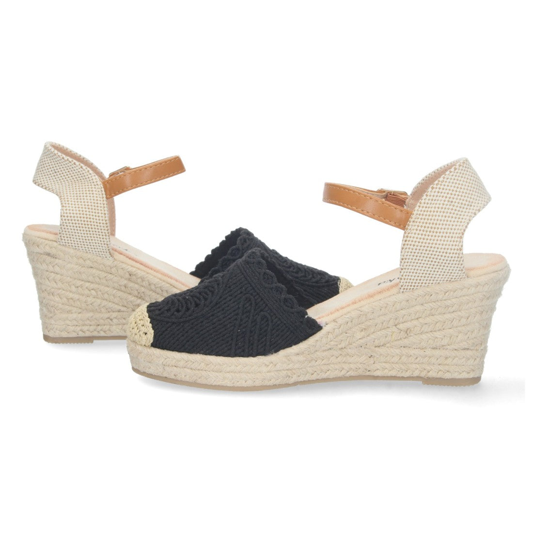 Sandalias Negras Mujer Cuña Estilo Valenciana Yute Pala Bordada Elegantes