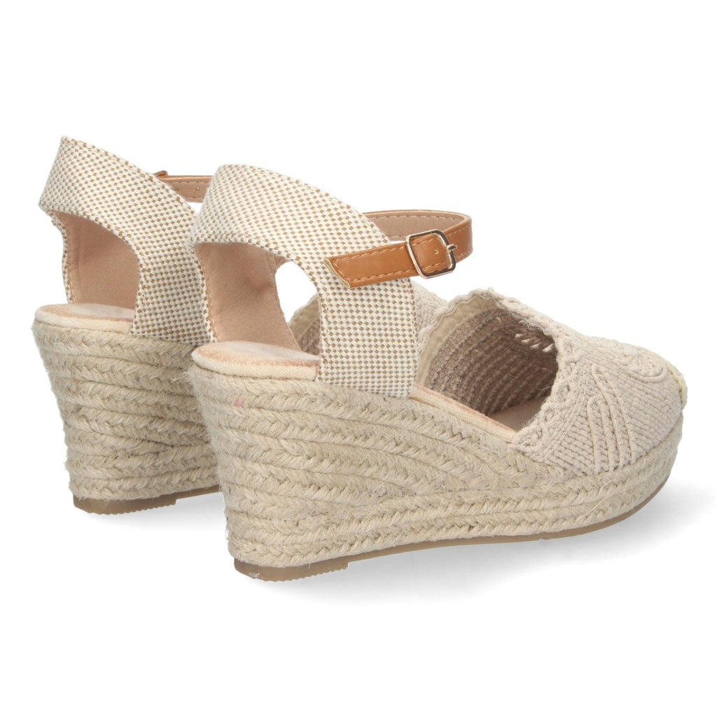Sandalias Beige Mujer Cuña Estilo Valenciana Yute Pala Bordada Elegantes