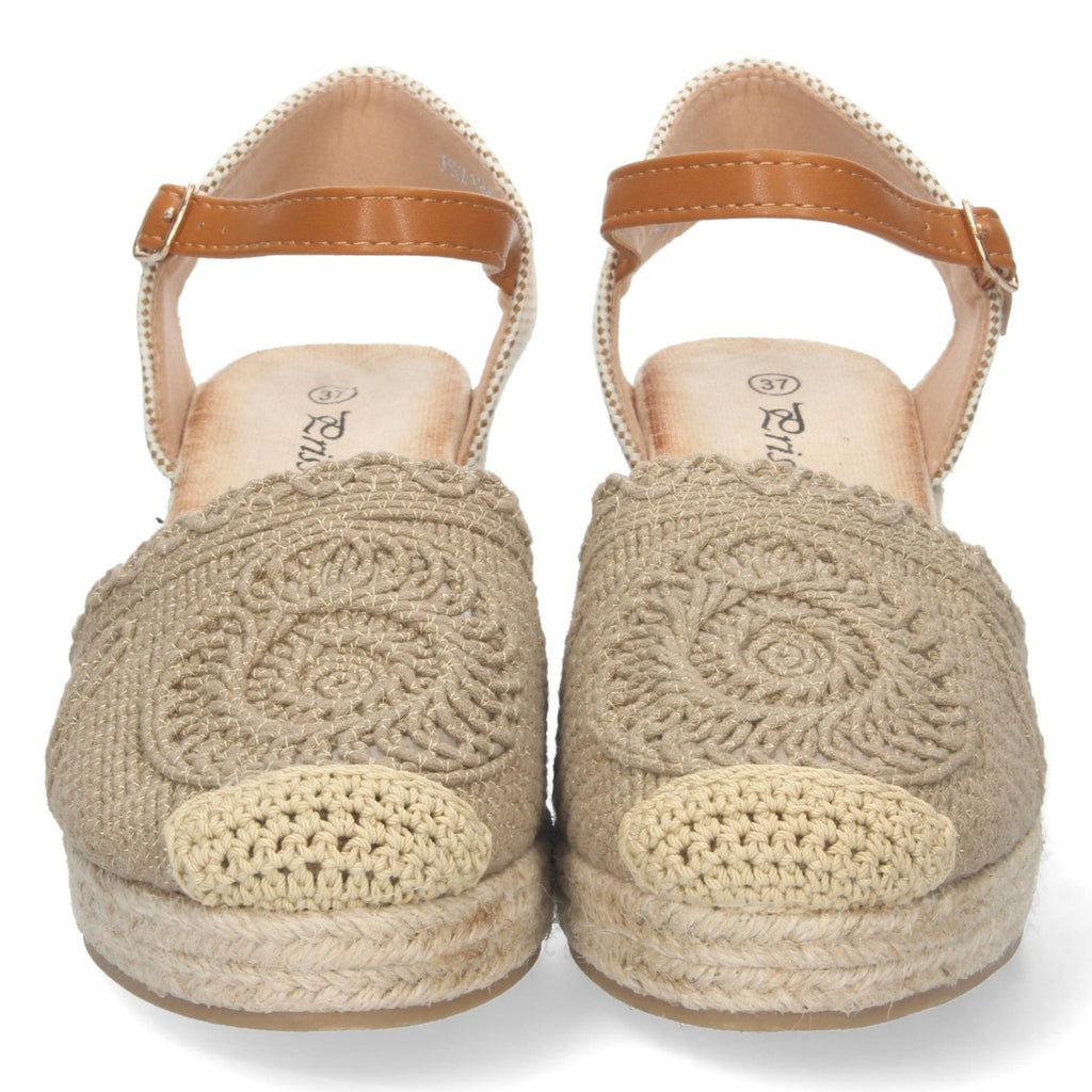 Sandalias Kaki Mujer Cuña Estilo Valenciana Yute Pala Bordada Elegantes