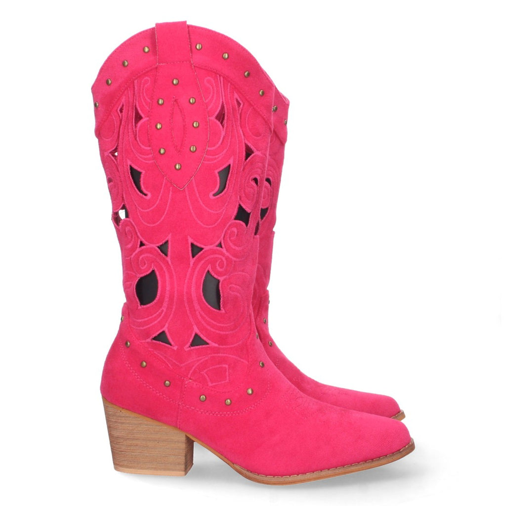 Botas con Tacón, Calados y Tachuelas - Fucsia