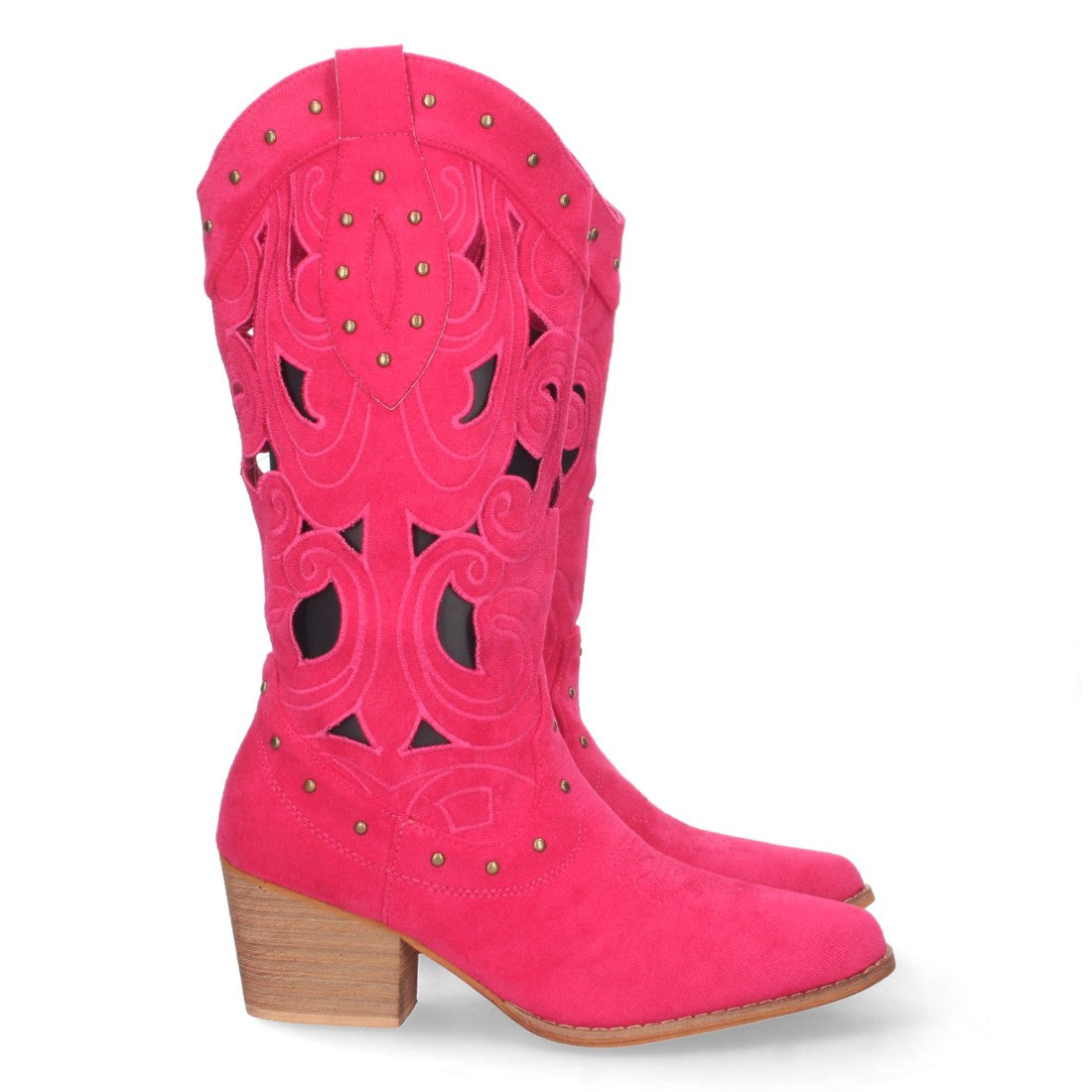 Botas con Tacón, Calados y Tachuelas - Fucsia