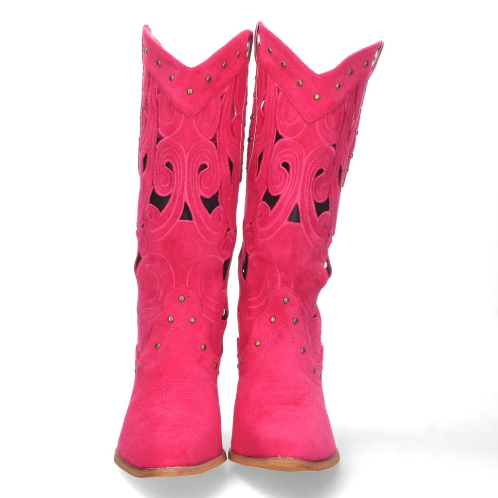 Botas con Tacón, Calados y Tachuelas - Fucsia