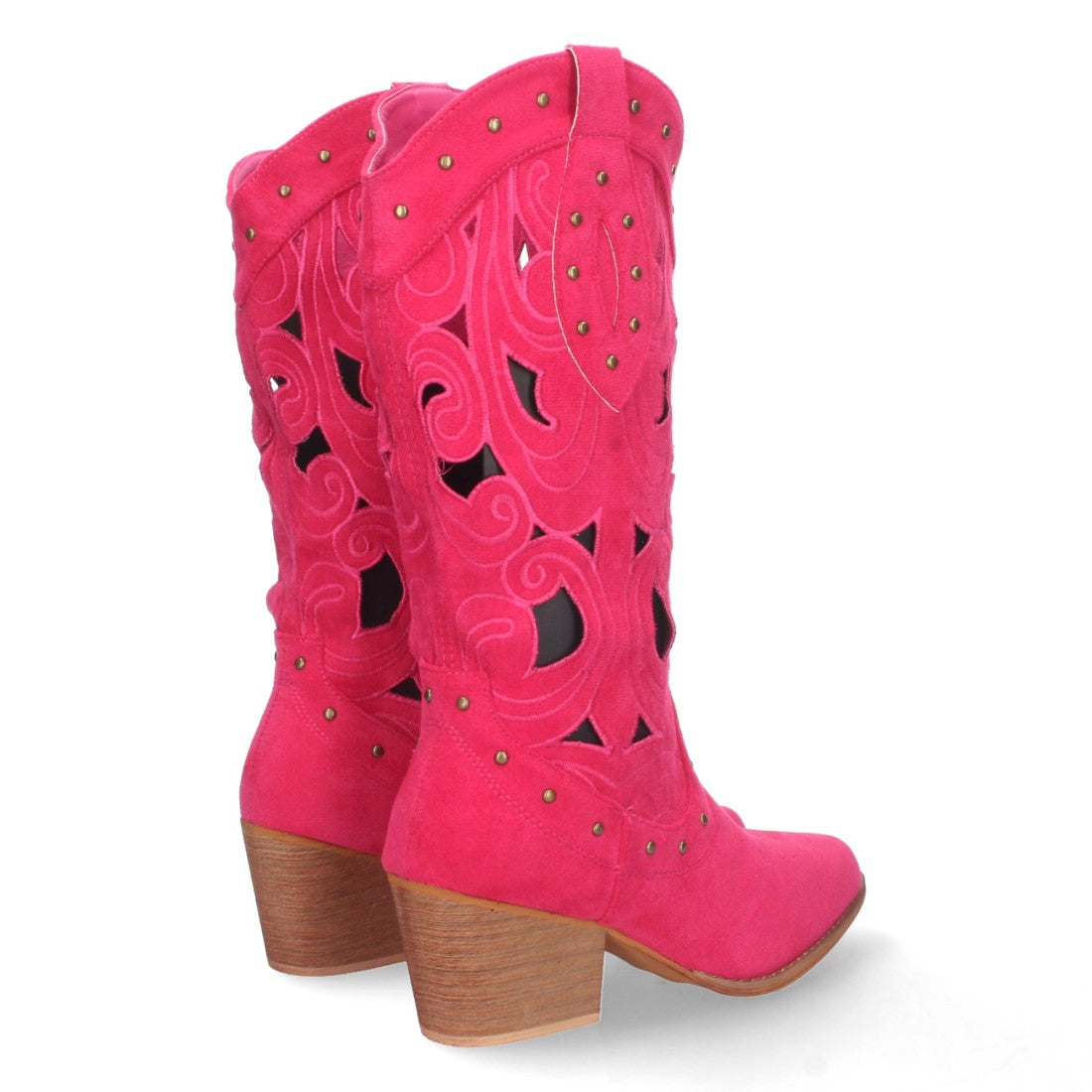 Botas con Tacón, Calados y Tachuelas - Fucsia