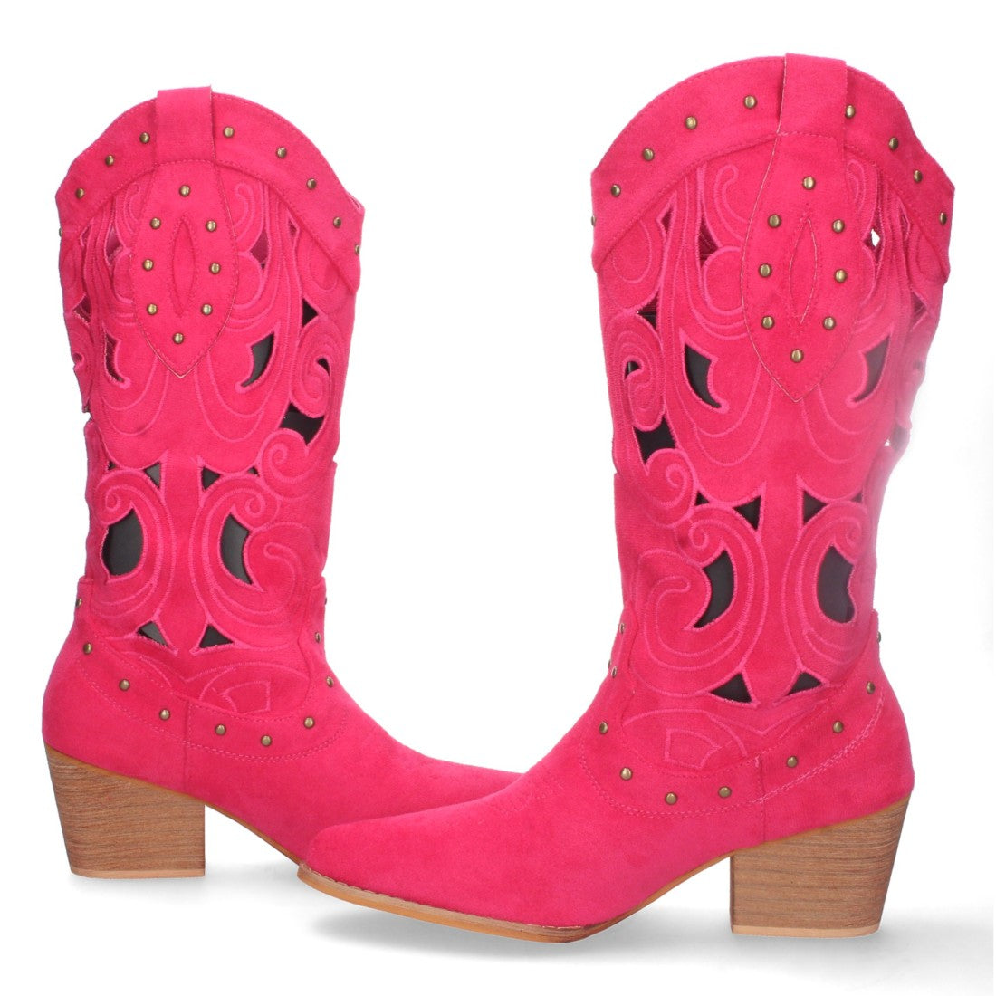 Botas con Tacón, Calados y Tachuelas - Fucsia