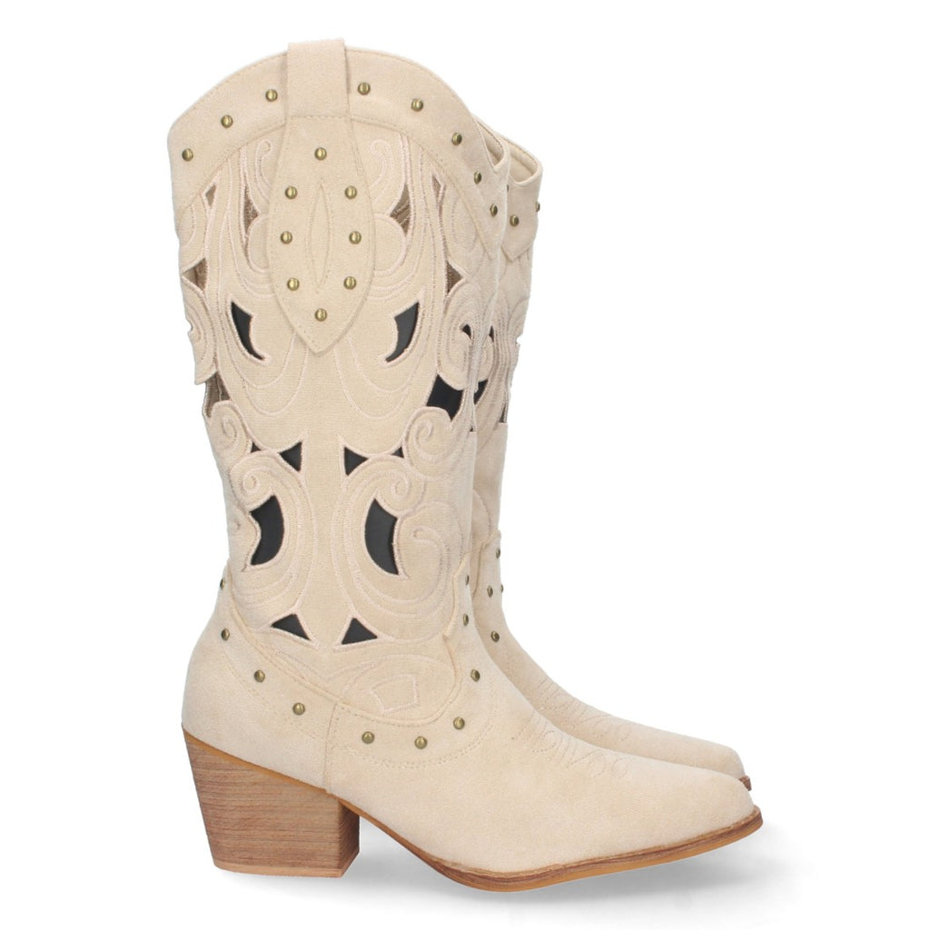 Botas con Tacón, Calados y Tachuelas - Beige