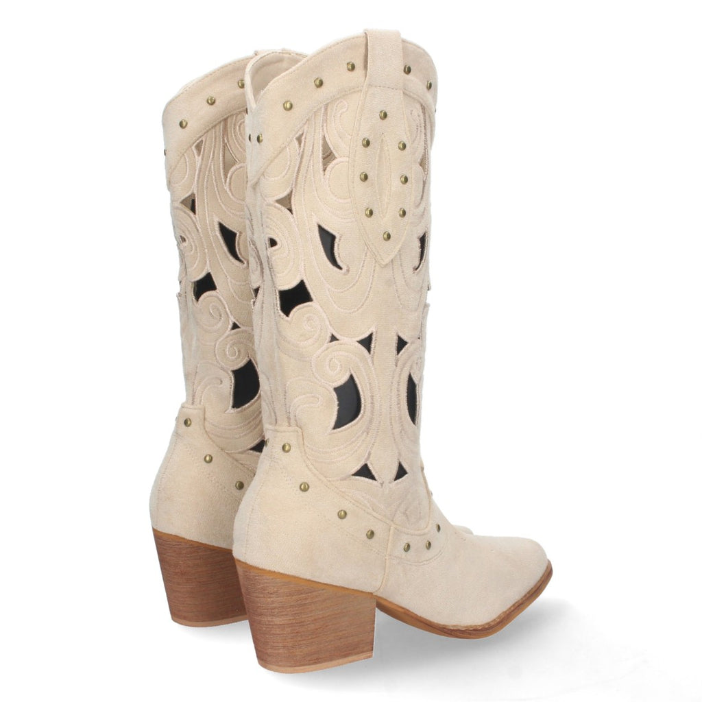 Botas con Tacón, Calados y Tachuelas - Beige