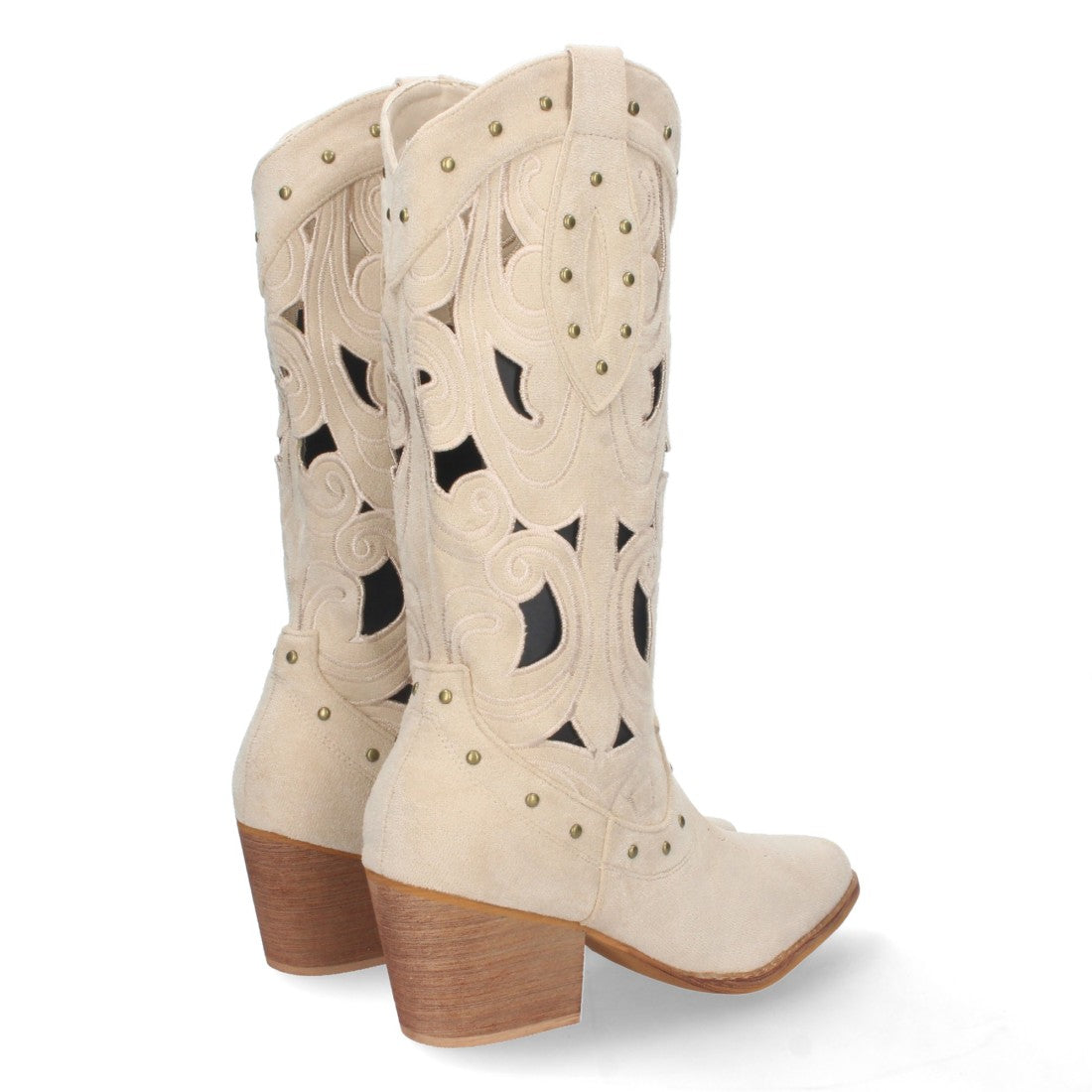 Botas con Tacón, Calados y Tachuelas - Beige