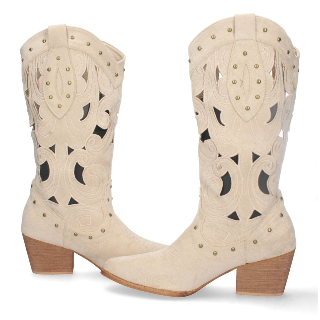 Botas con Tacón, Calados y Tachuelas - Beige