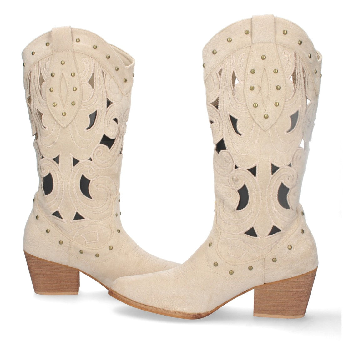 Botas con Tacón, Calados y Tachuelas - Beige