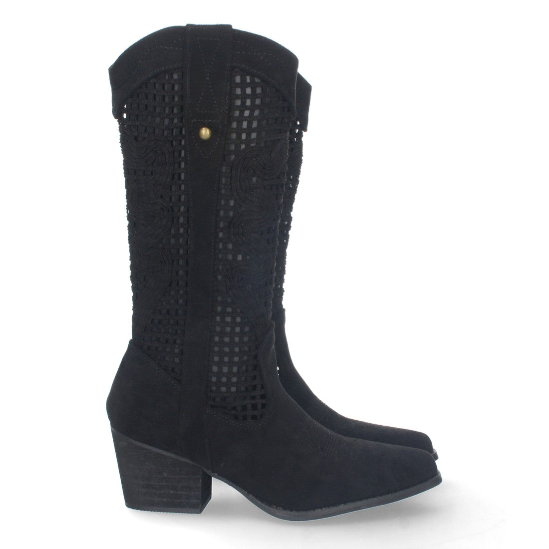 Botas con Tacón y Calados Decorativos - Negro