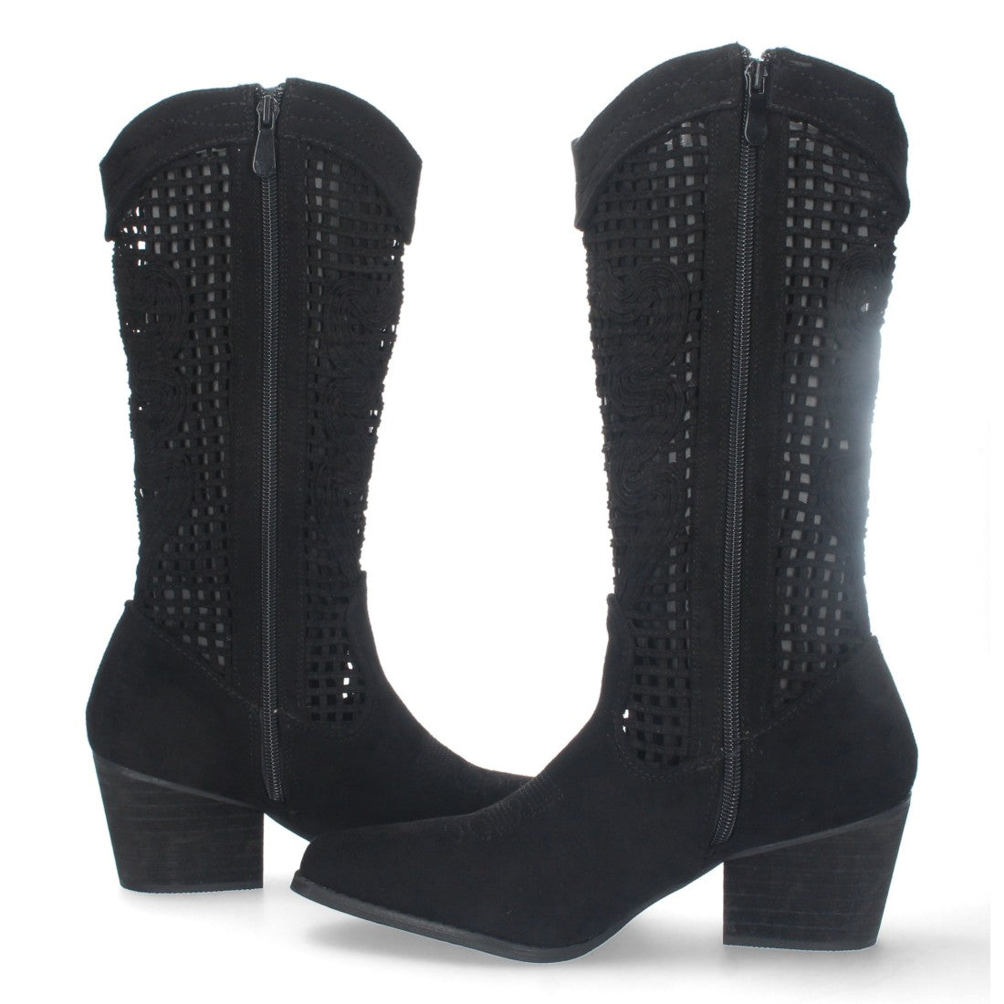 Botas con Tacón y Calados Decorativos - Negro