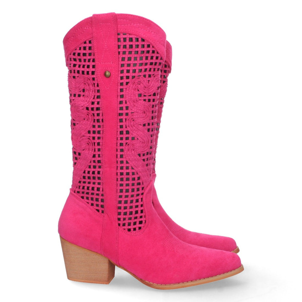 Botas con Tacón y Calados Decorativos - Fucsia