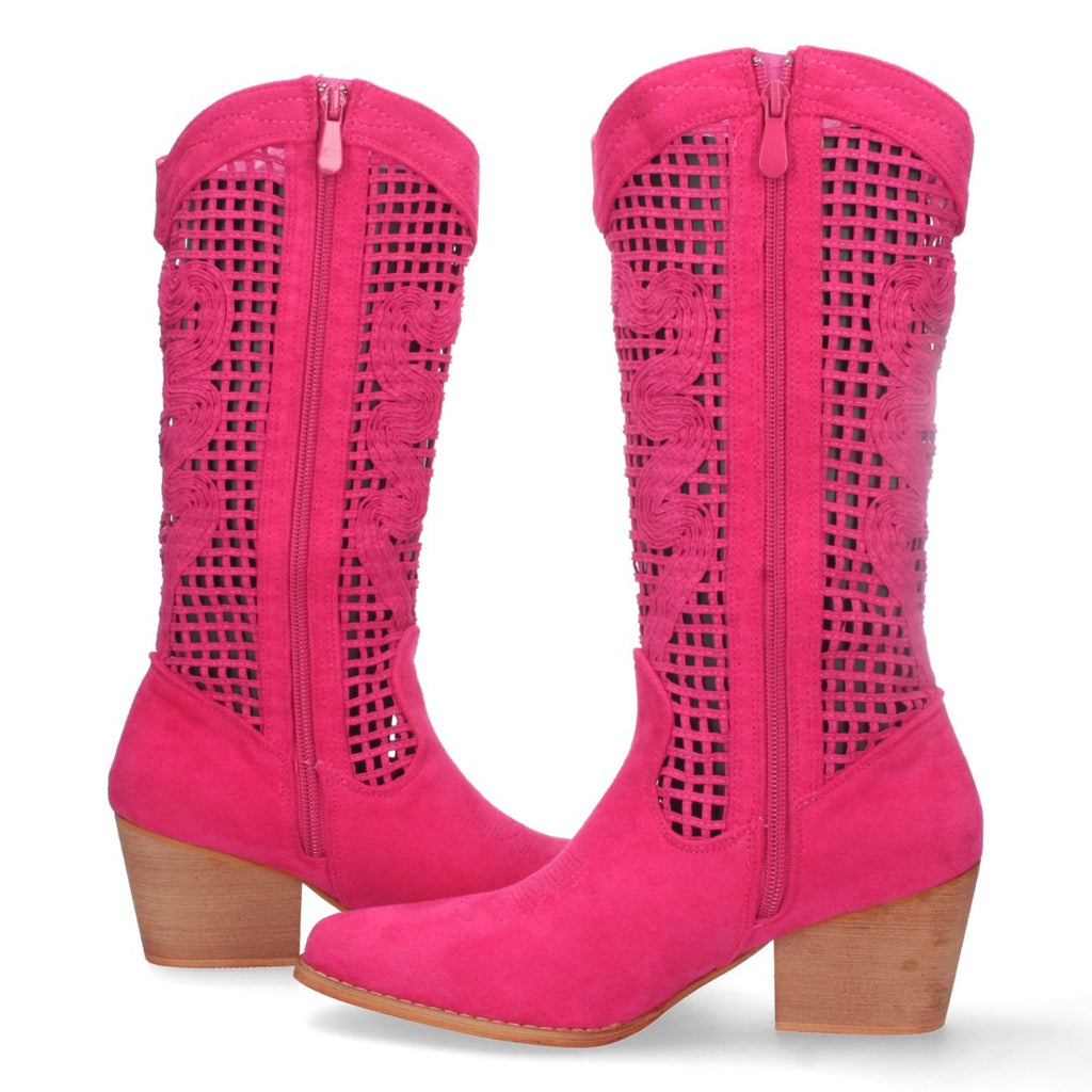 Botas con Tacón y Calados Decorativos - Fucsia