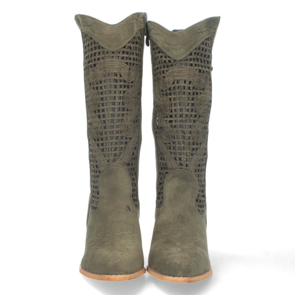 Botas con Tacón y Calados Decorativos - Verde