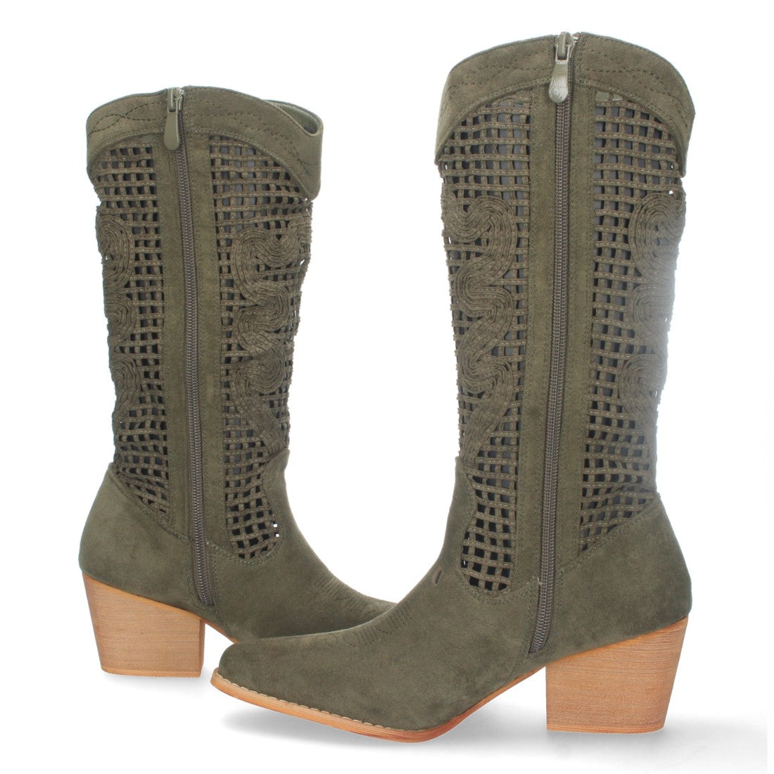 Botas con Tacón y Calados Decorativos - Verde
