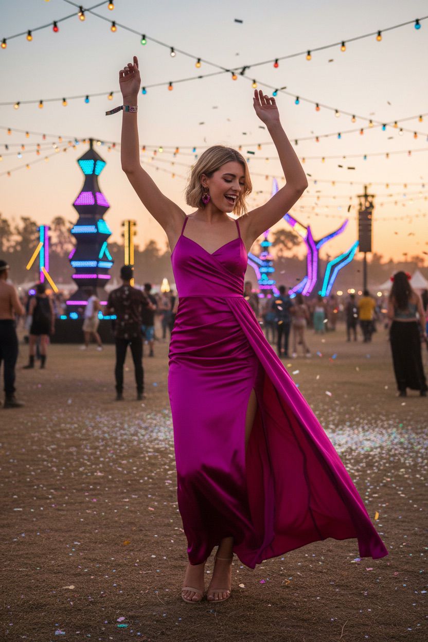 Vestido Fucsia Satinado Drapeado Talla Única 36-40