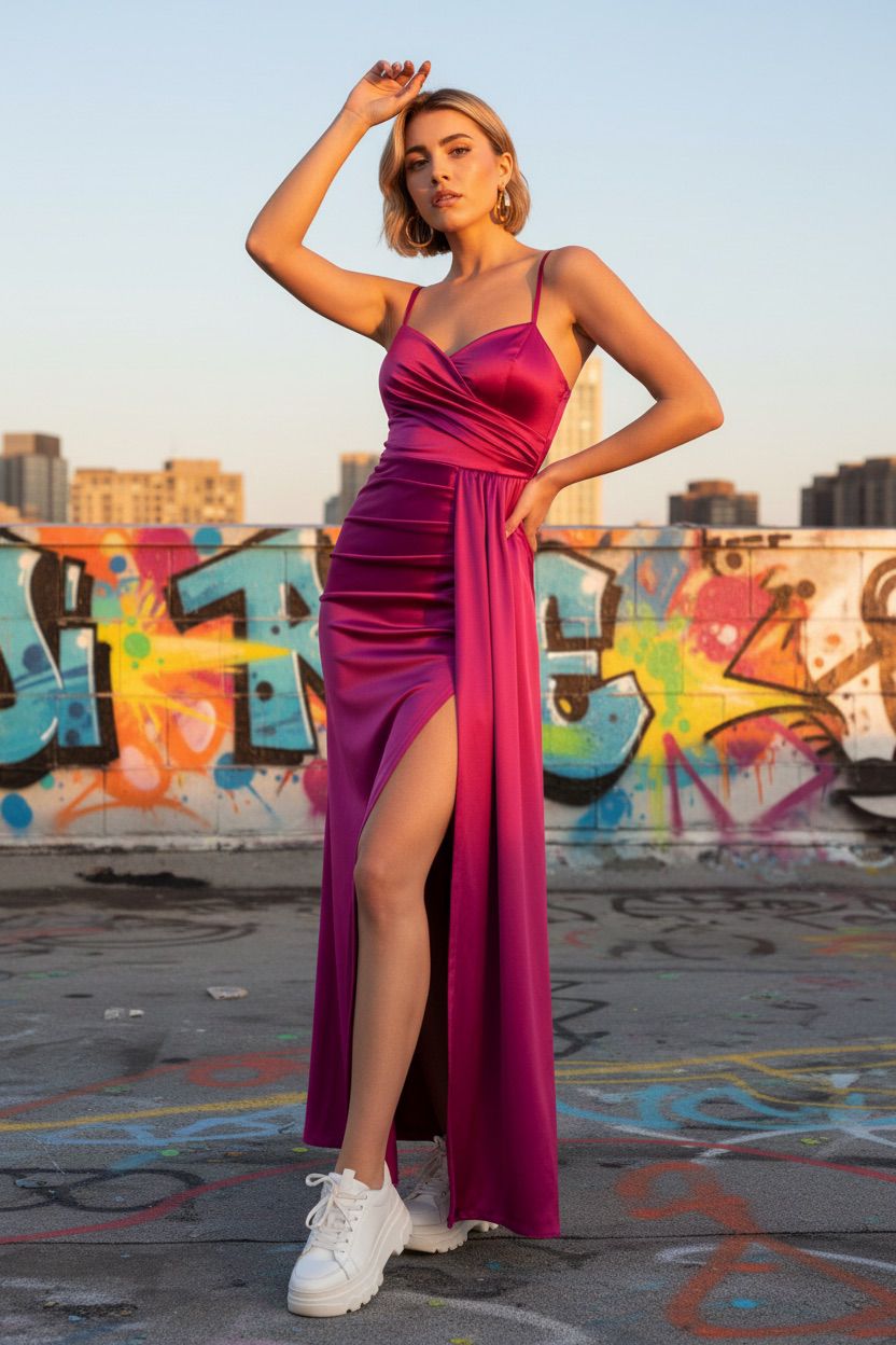 Vestido Fucsia Satinado Drapeado Talla Única 36-40