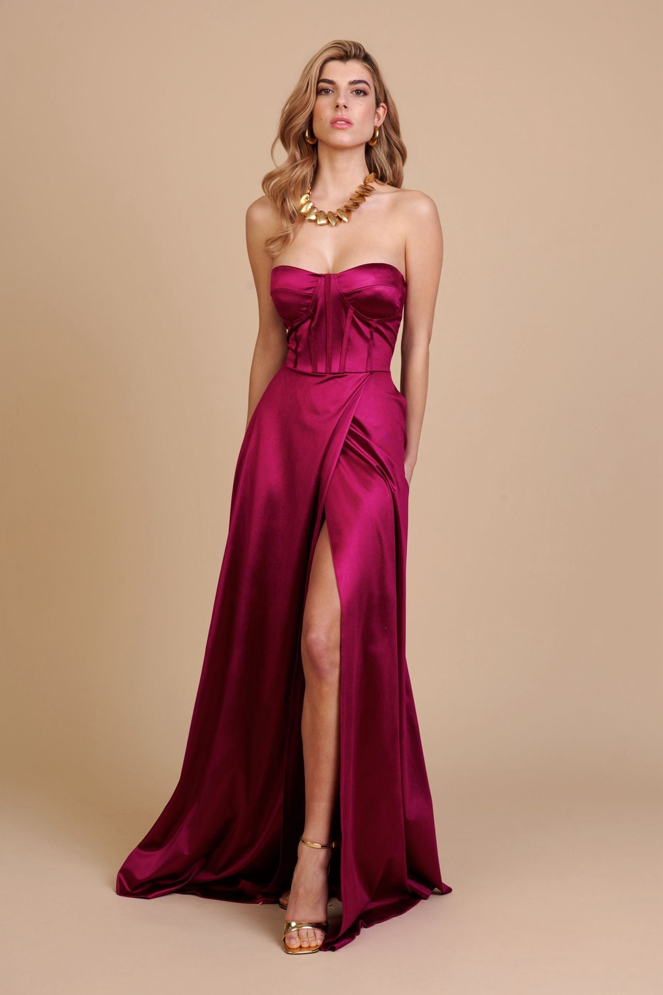 Vestido Magenta Satinado - Vestido de Fiesta Elegante con Lazo