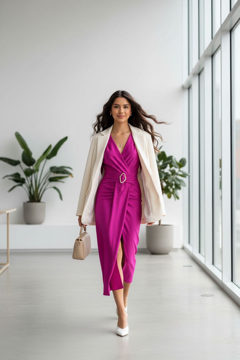 Vestido Fucsia Cruzado Manga Larga - Sofisticación Atemporal