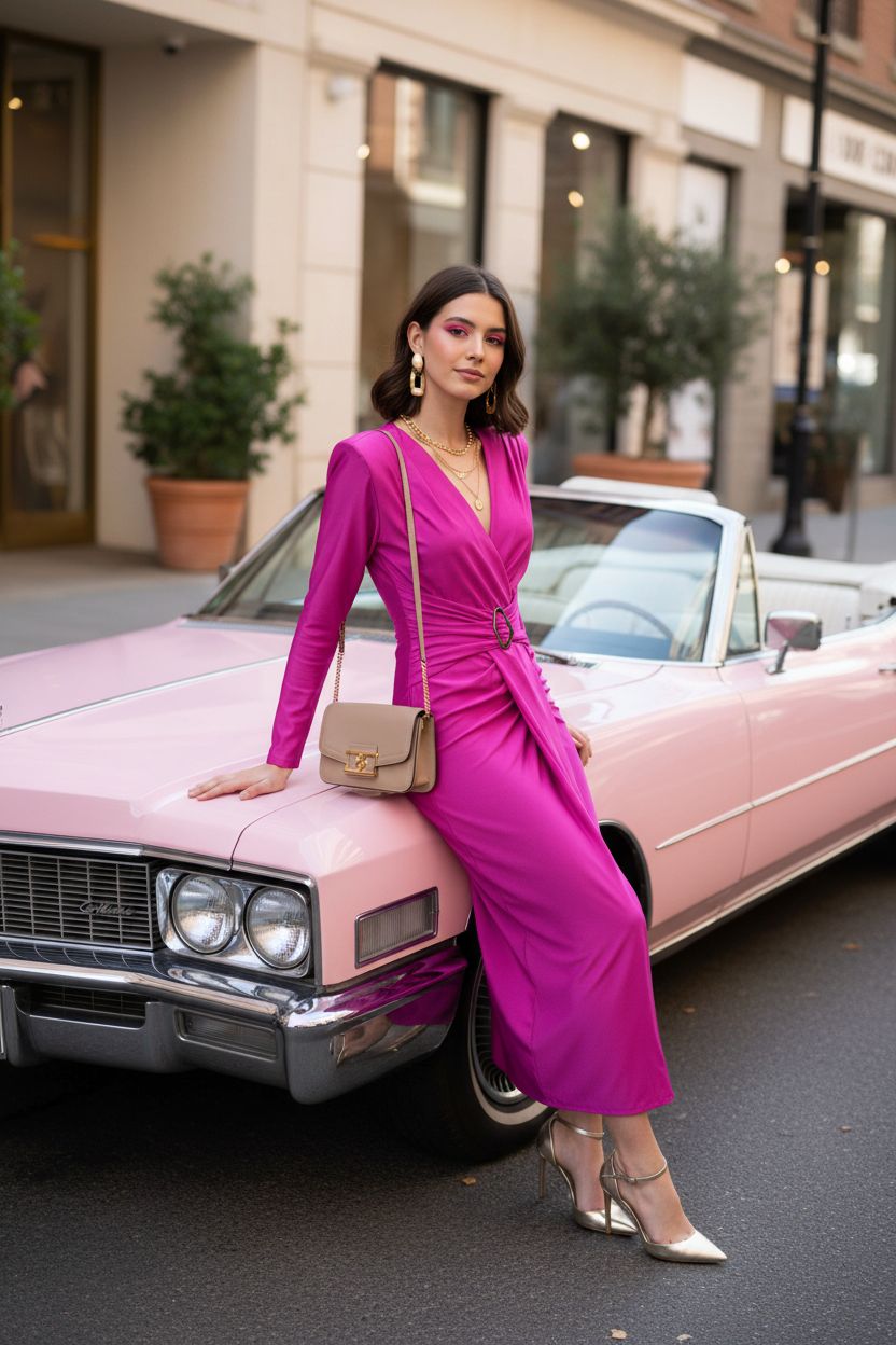 Vestido Fucsia Cruzado Manga Larga - Sofisticación Atemporal