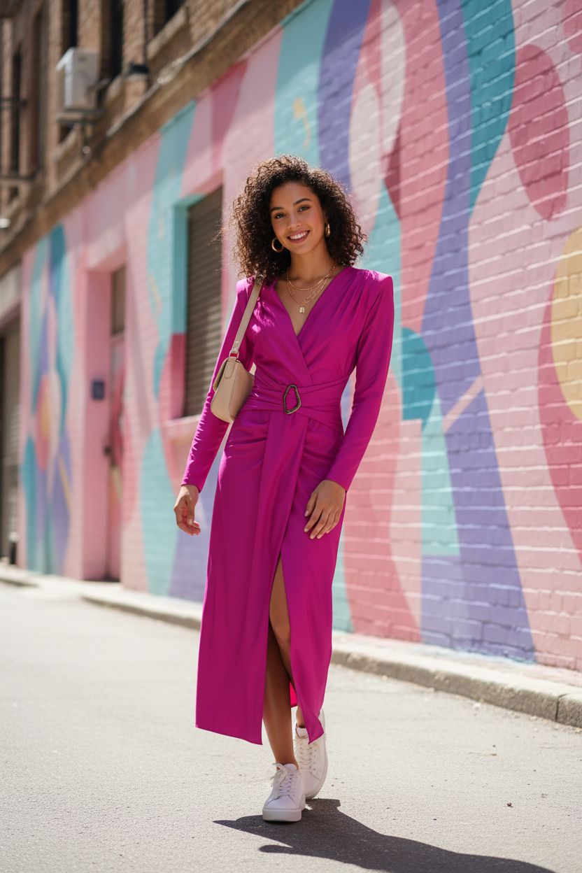 Vestido Fucsia Cruzado Manga Larga - Sofisticación Atemporal