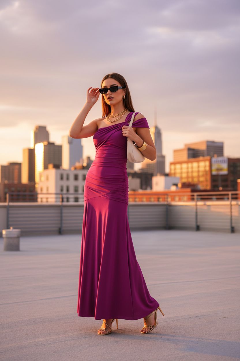 Vestido Fucsia Drapeado Un Hombro - Elegancia Asimétrica