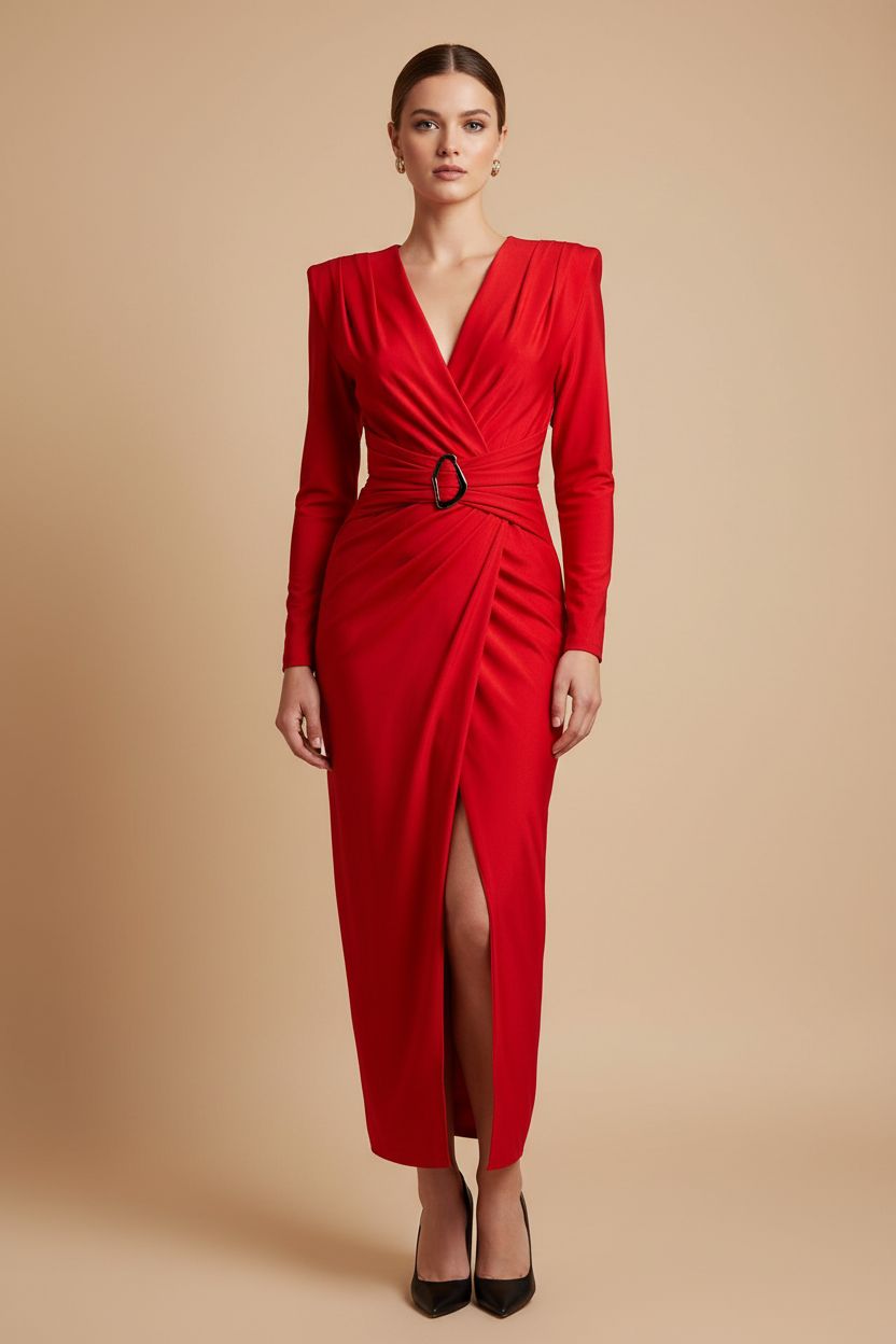 Vestido Rojo Cruzado Manga Larga - Poder y Elegancia