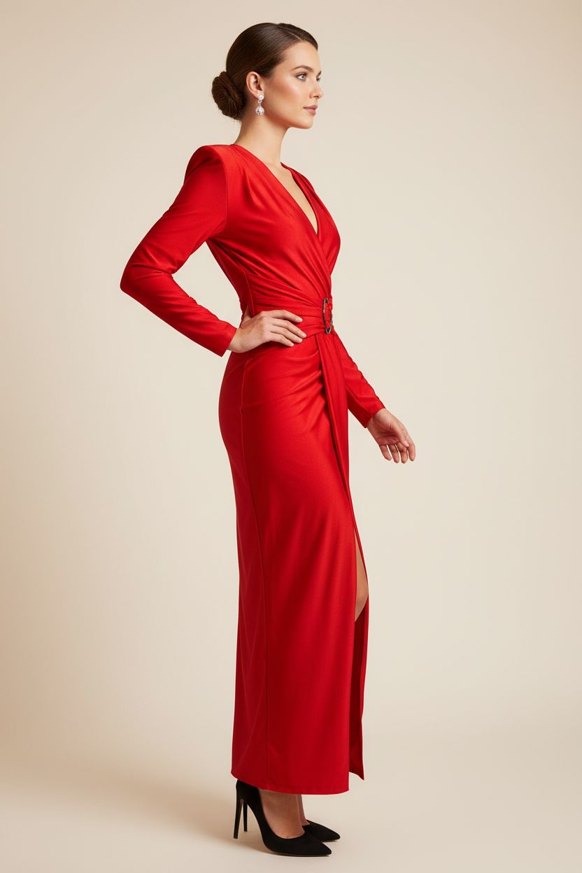 Vestido Rojo Cruzado Manga Larga - Poder y Elegancia