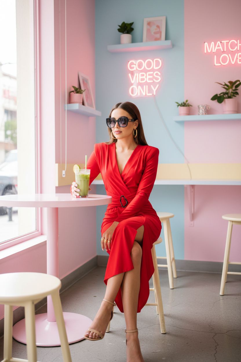 Vestido Rojo Cruzado Manga Larga - Poder y Elegancia