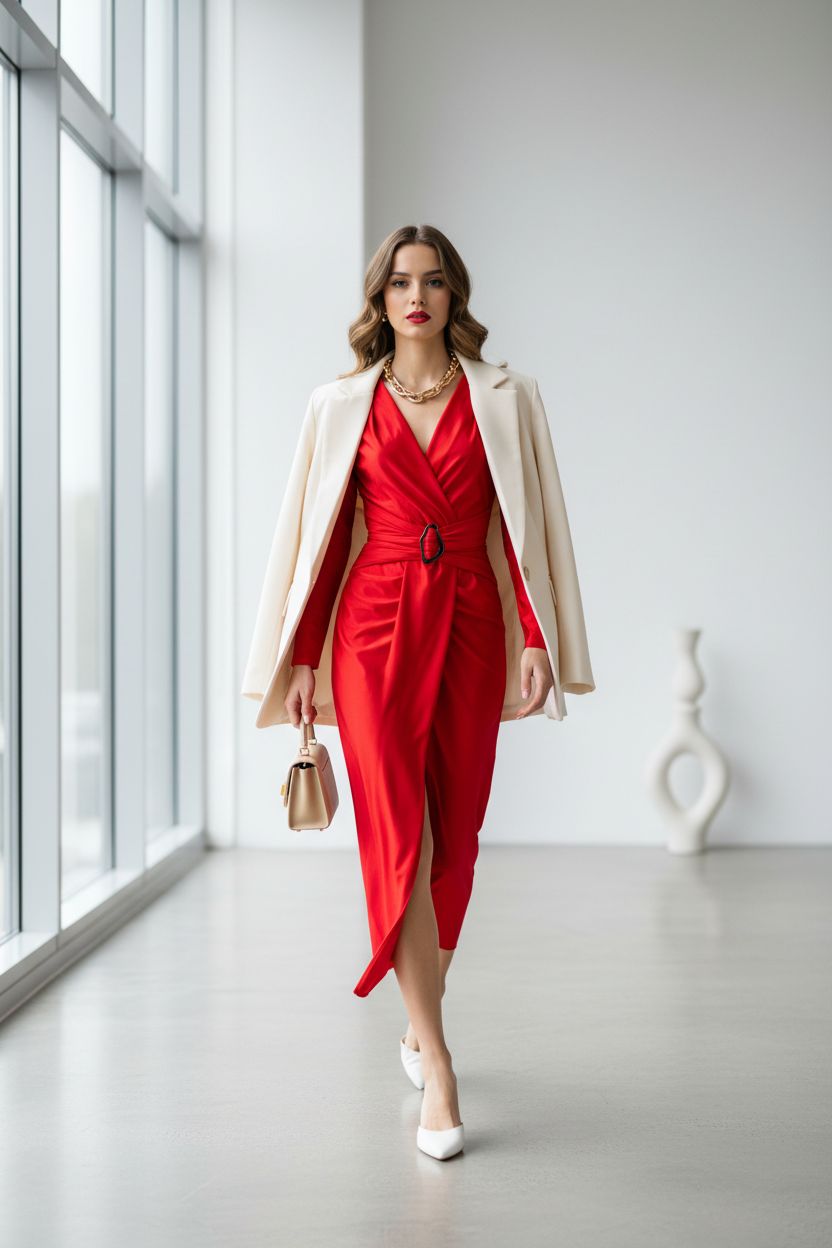 Vestido Rojo Cruzado Manga Larga - Poder y Elegancia