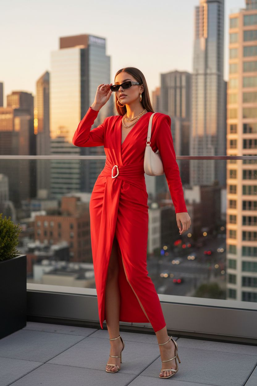 Vestido Rojo Cruzado Manga Larga - Poder y Elegancia