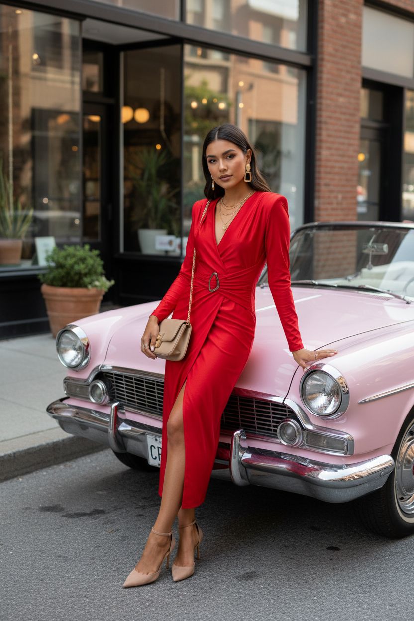Vestido Rojo Cruzado Manga Larga - Poder y Elegancia