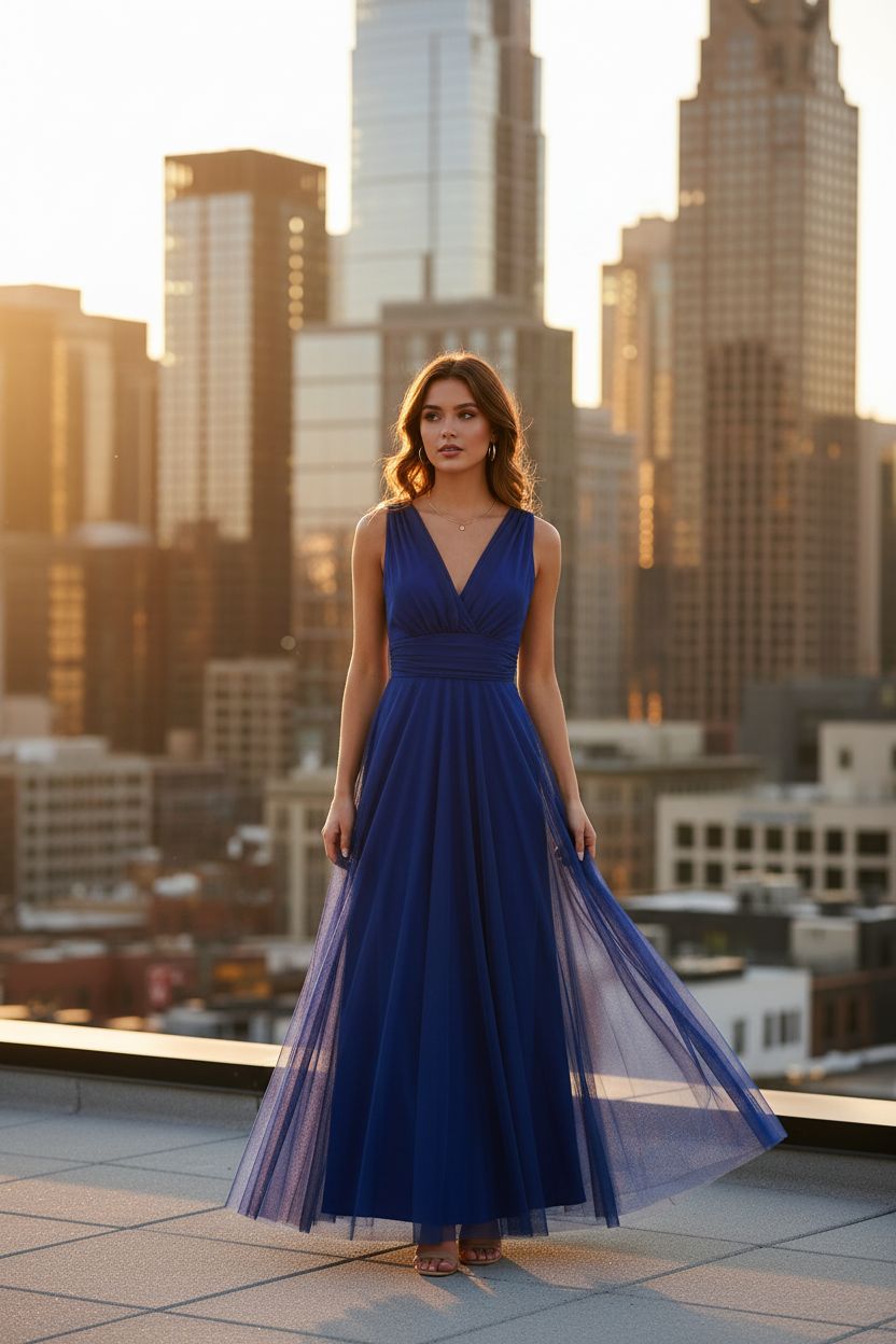 Vestido Azul Klein Cruzado con Tul - Elegancia Atemporal